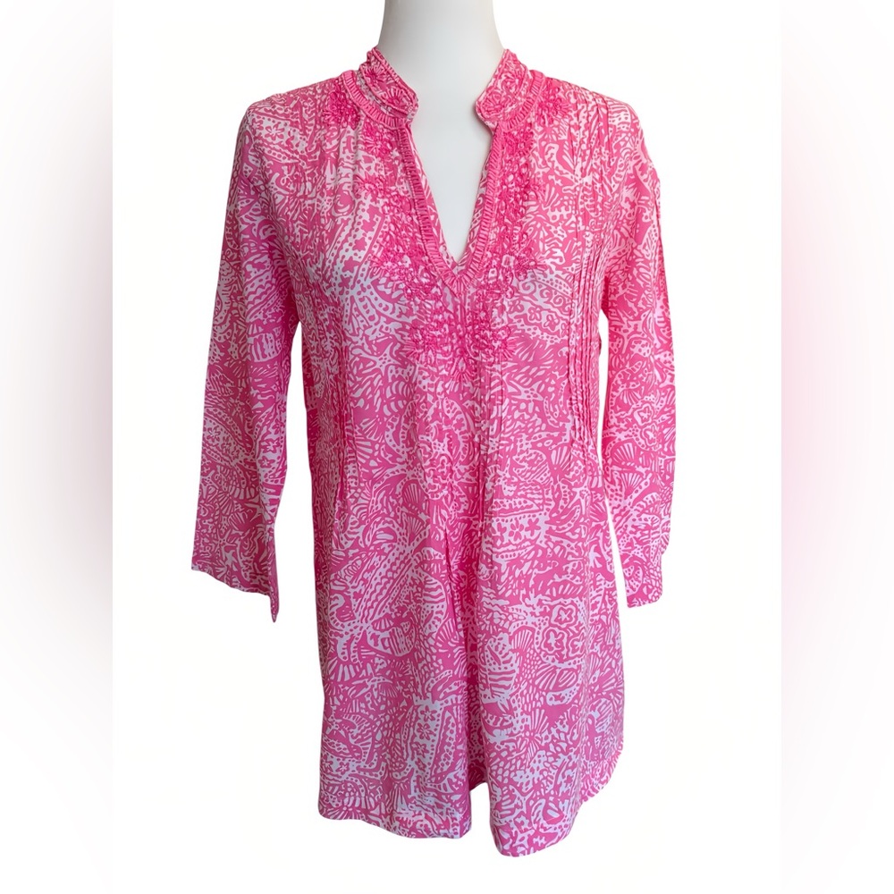 Lilly Pulitzer Sarasota Beaded Tunic Top Sz M Pink White Shell Print 3/4 Sleeve - Picture 1 of 12